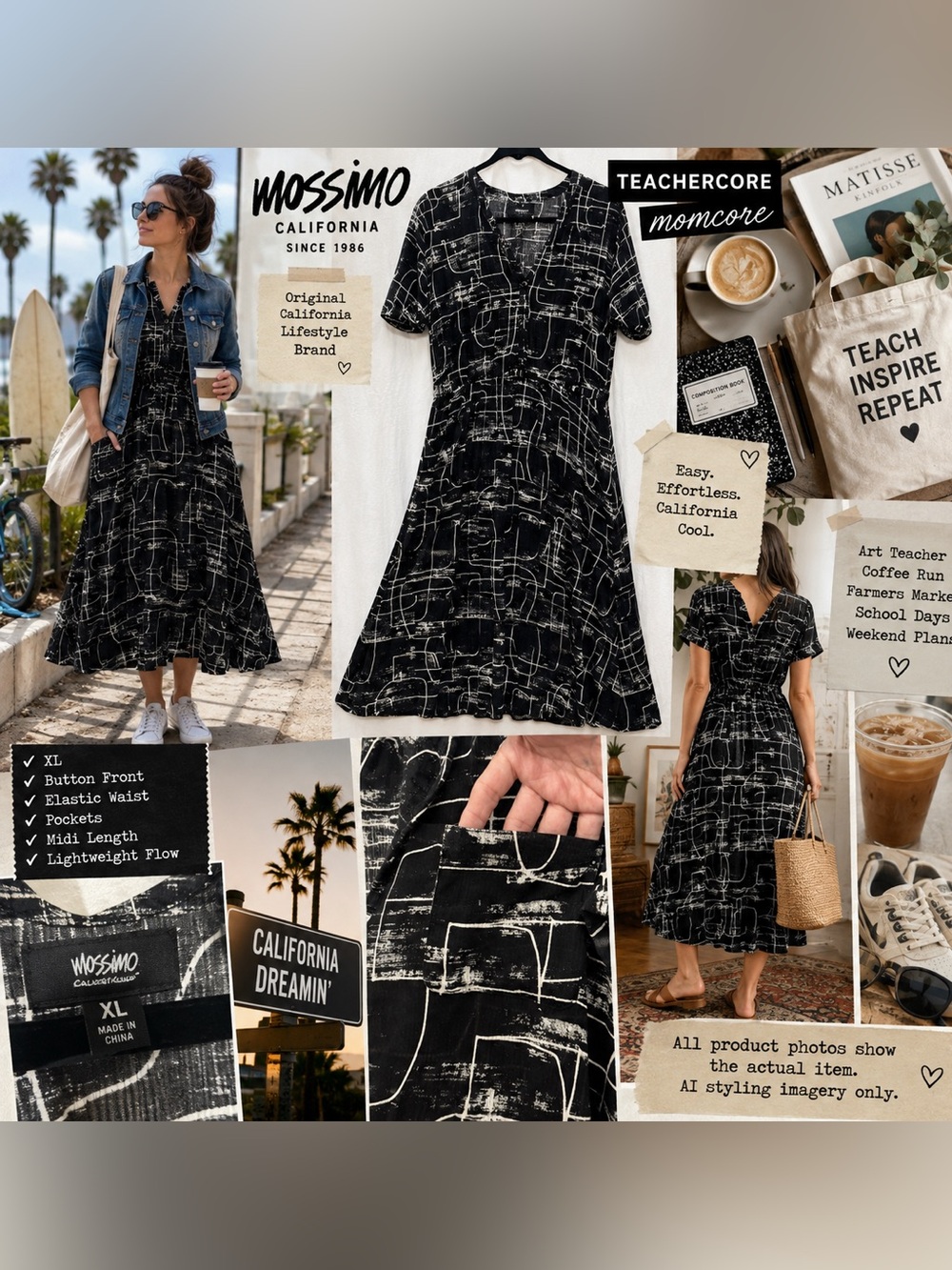 Mossimo XL Abstract Midi Dress Pockets Teacher Momcore California Black White